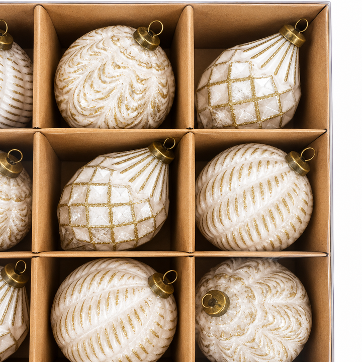 Set Esferas Navideñas Con Brillos Dorados 9Pz