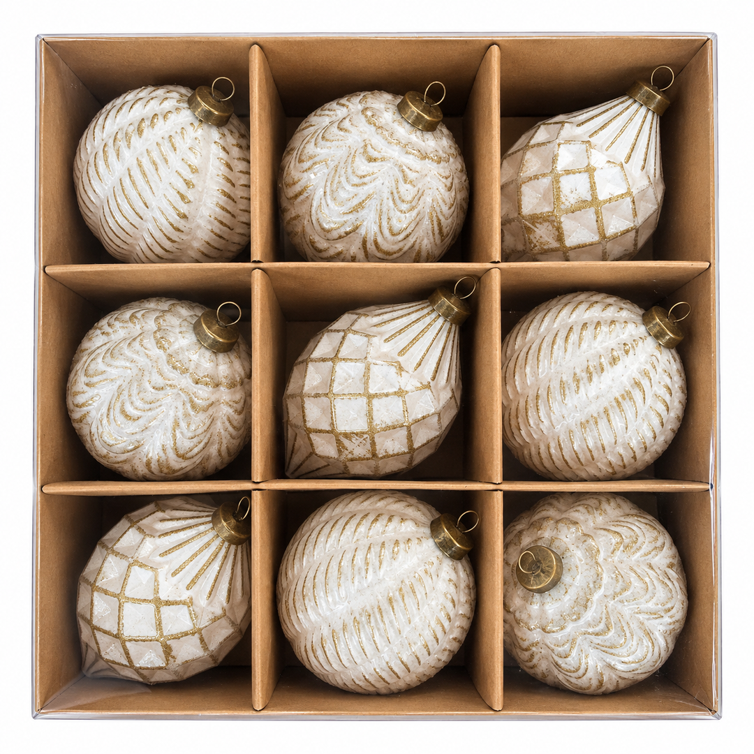Set Esferas Navideñas Con Brillos Dorados 9Pz
