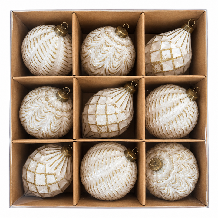 Set Esferas Navideñas Con Brillos Dorados 9Pz