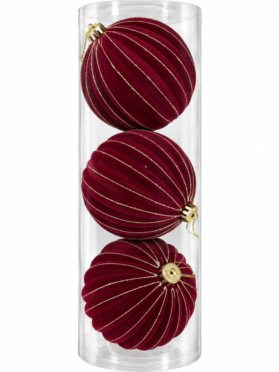 Set Esferas Navideñas Rojas Con Líneas 3Pzs
