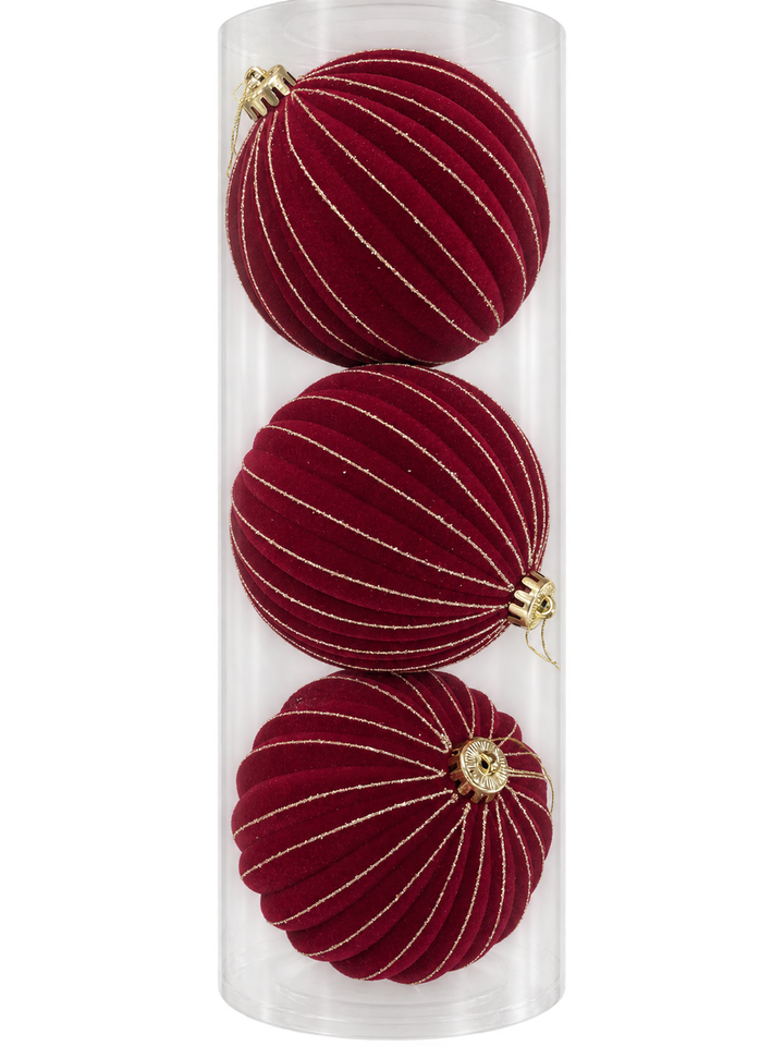 Set Esferas Navideñas Rojas Con Líneas 3Pzs