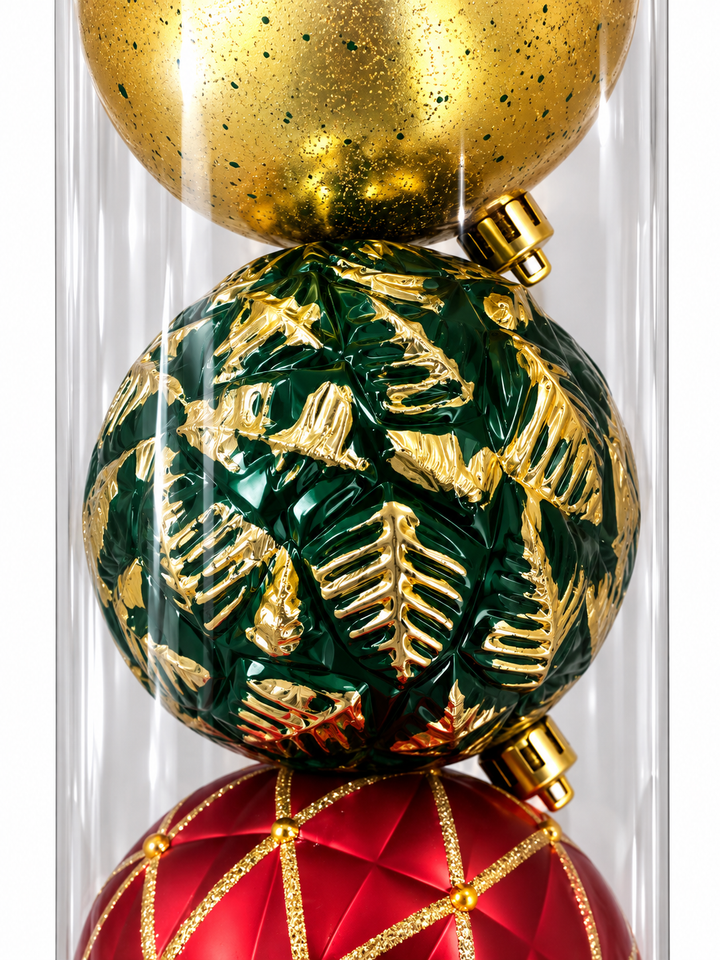 Set Esferas Navideñas Hojas Y Líneas Doradas 3Pzs