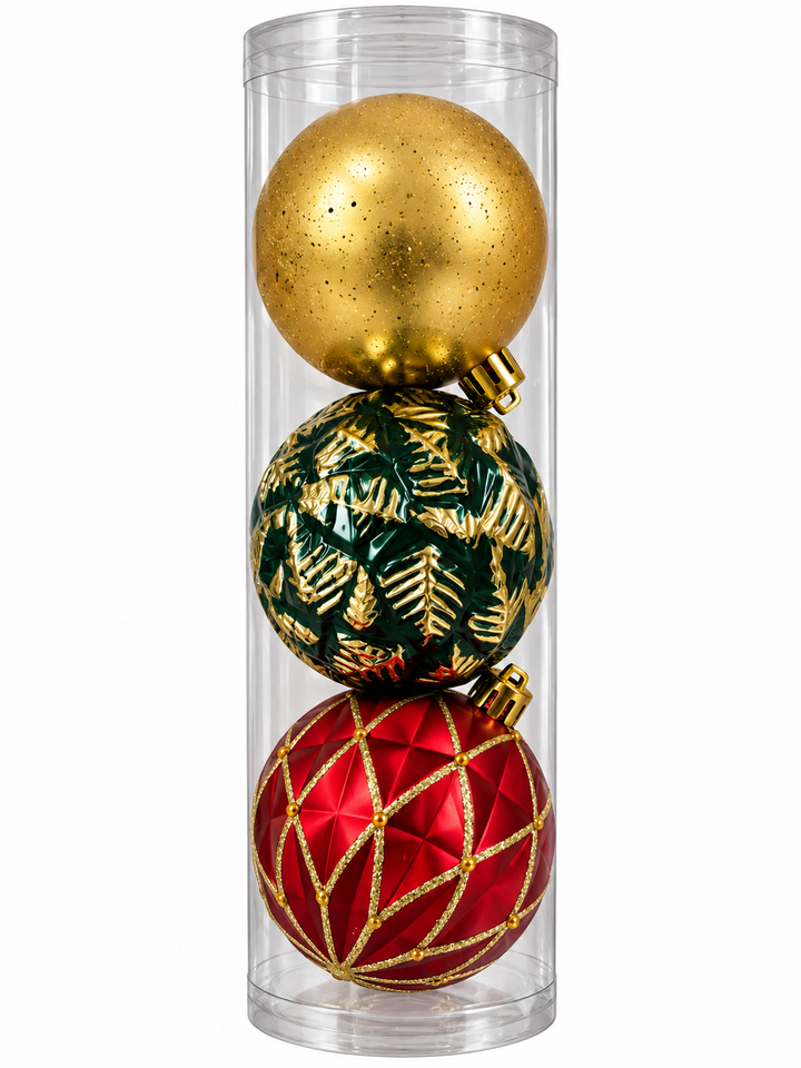Set Esferas Navideñas Hojas Y Líneas Doradas 3Pzs