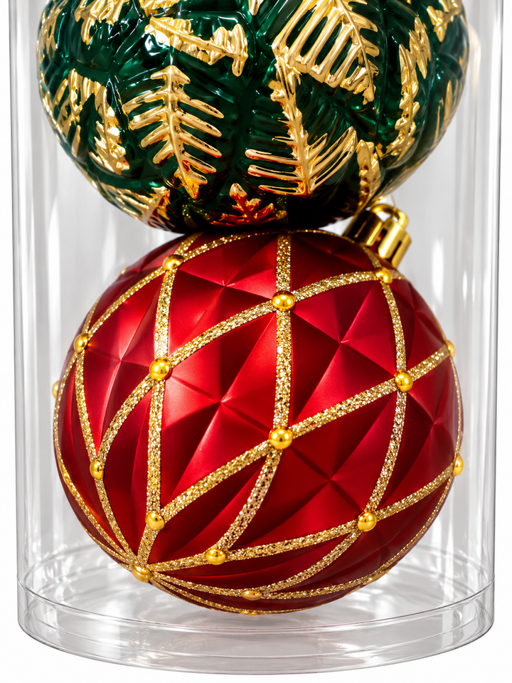 Set Esferas Navideñas Hojas Y Líneas Doradas 3Pzs